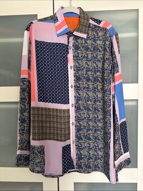 Steven Land Patchwork Button-Down Shirt in Pink, Blue & Navy